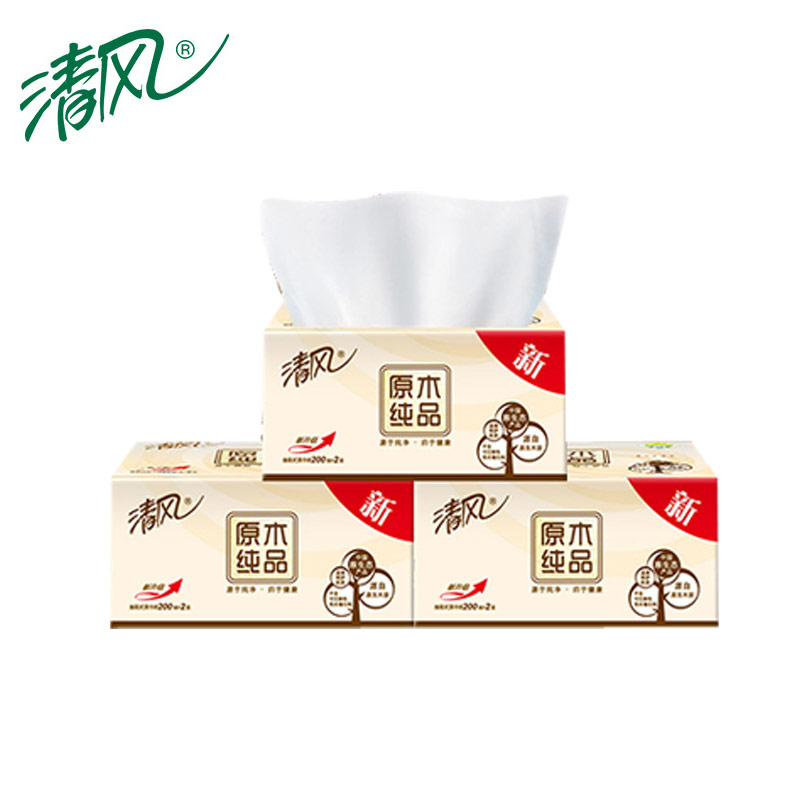 清风 B338C2/C1 原木纯品盒装面巾纸双层 B338C2/C1 200抽/盒 3盒/提